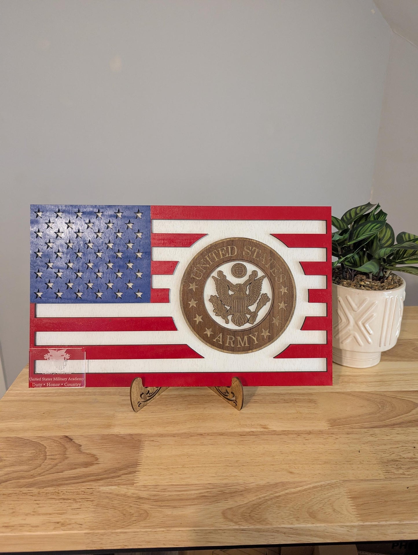US Army desktop wood flag with optional custom plaque