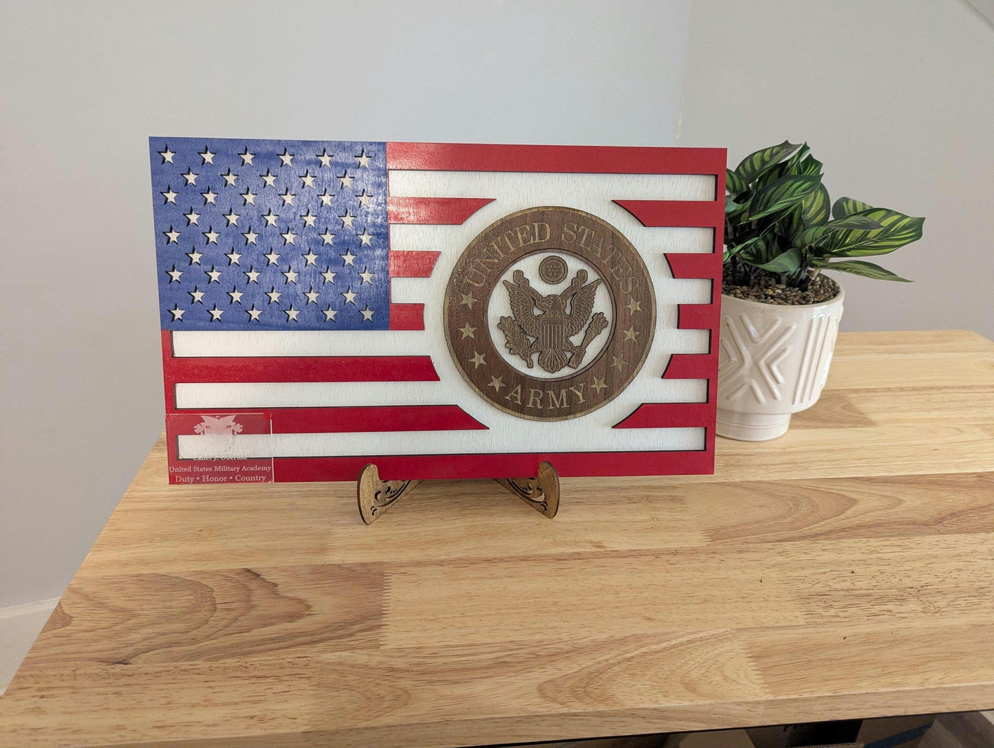 US Army desktop wood flag with optional custom plaque