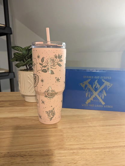 Stunning 30oz pink butterfly and rose full wrap tumbler with inspiring message