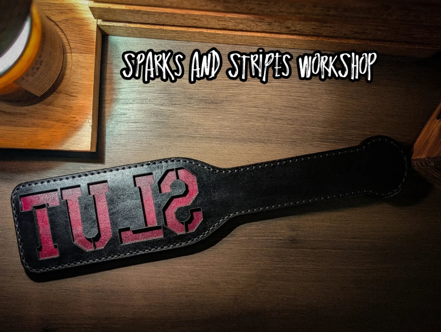 "SLUT" Leather Spanking Paddle – 30oz Handcrafted Impact Tool