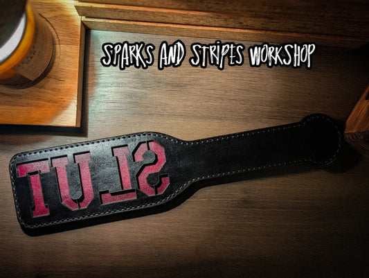 "SLUT" Leather Spanking Paddle – 30oz Handcrafted Impact Tool