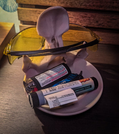 Skull eyeglass and bowl for nightstand